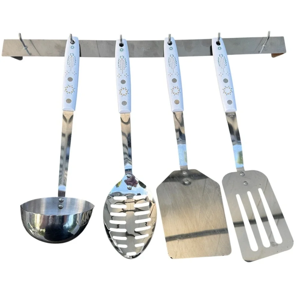 Vintage Forgecraft Golden Harvest Stainless Steel Kitchen Utensil Set with Rack